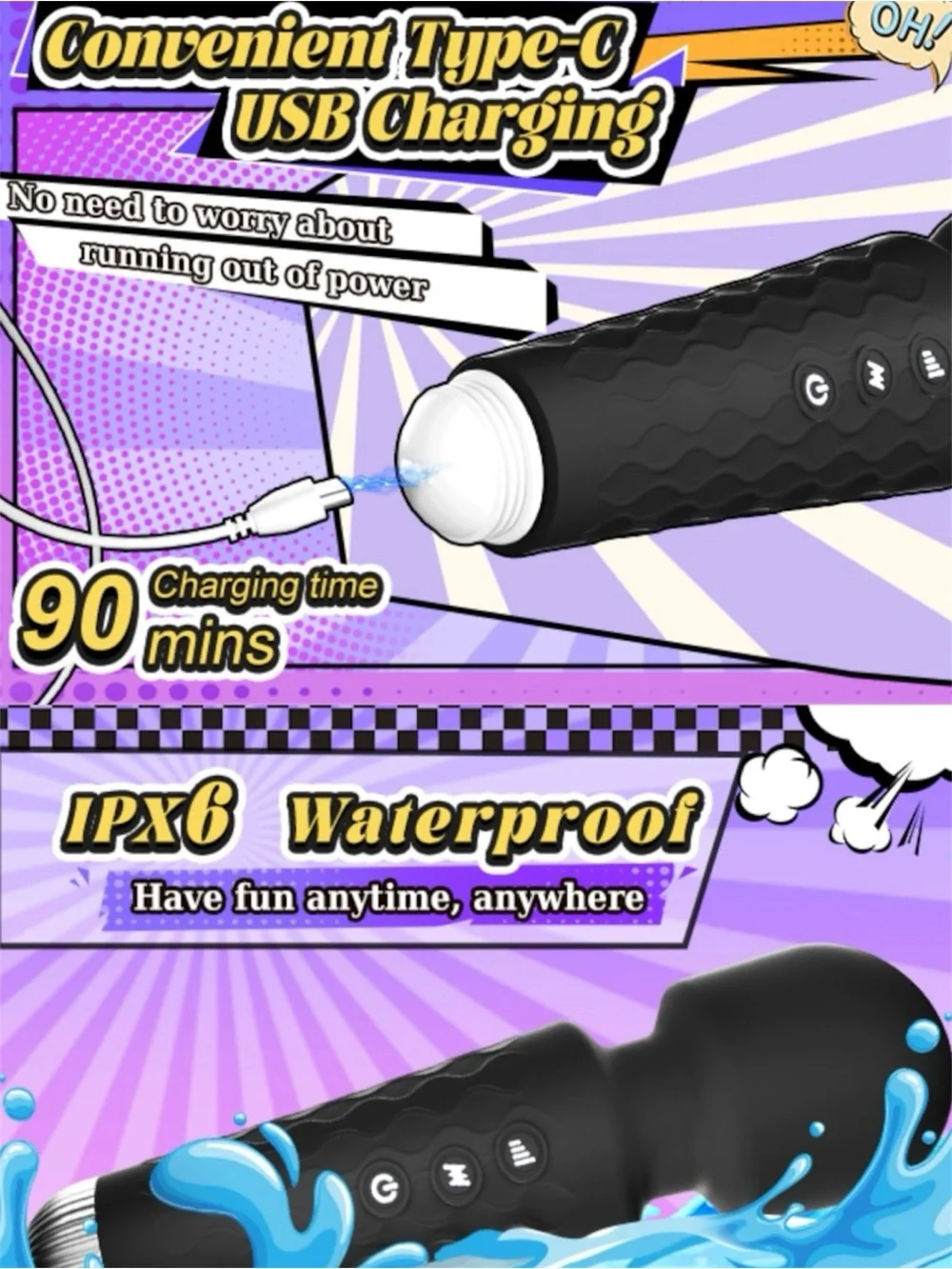 Black Massage Wand: Multi Vibration Modes, App & Waterproof. SEALED/NEW